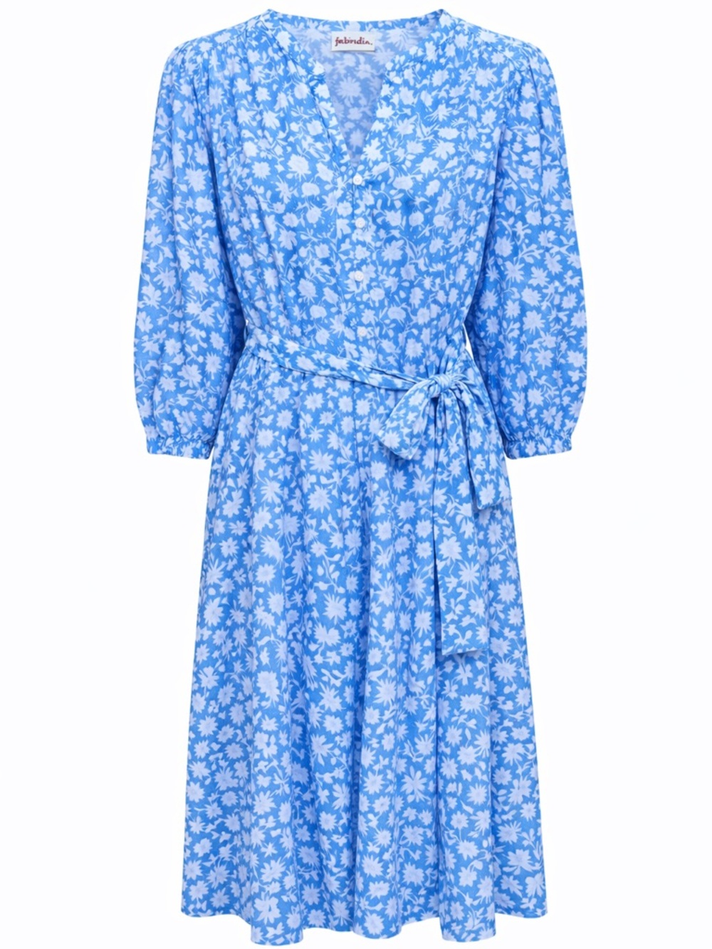 Fabindia Blue Floral Midi Dress XL Belted Cotton Boho Block Print